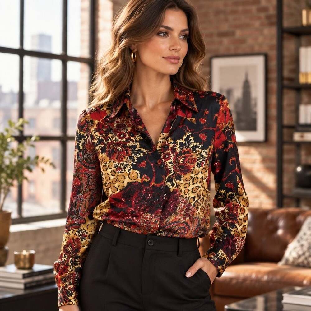 Blue Diamond Floral Leopard Paisley Silk Shirt Size XL